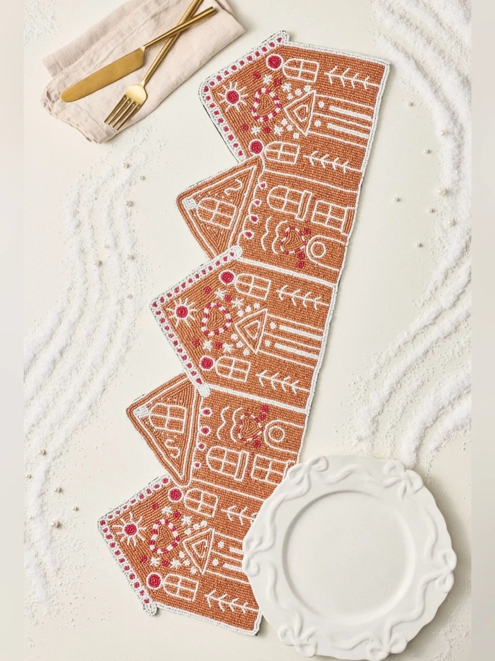 Anthropologie Beaded Gingerbread House Table Runner